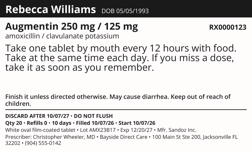 A bottle label in English with the generic name, auxiliary warnings, DISCARD AFTER and DO NOT FLUSH