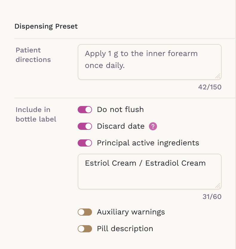 The Dispensing Preset of a compound medication in Charge Items, with Principal active ingredients turned on