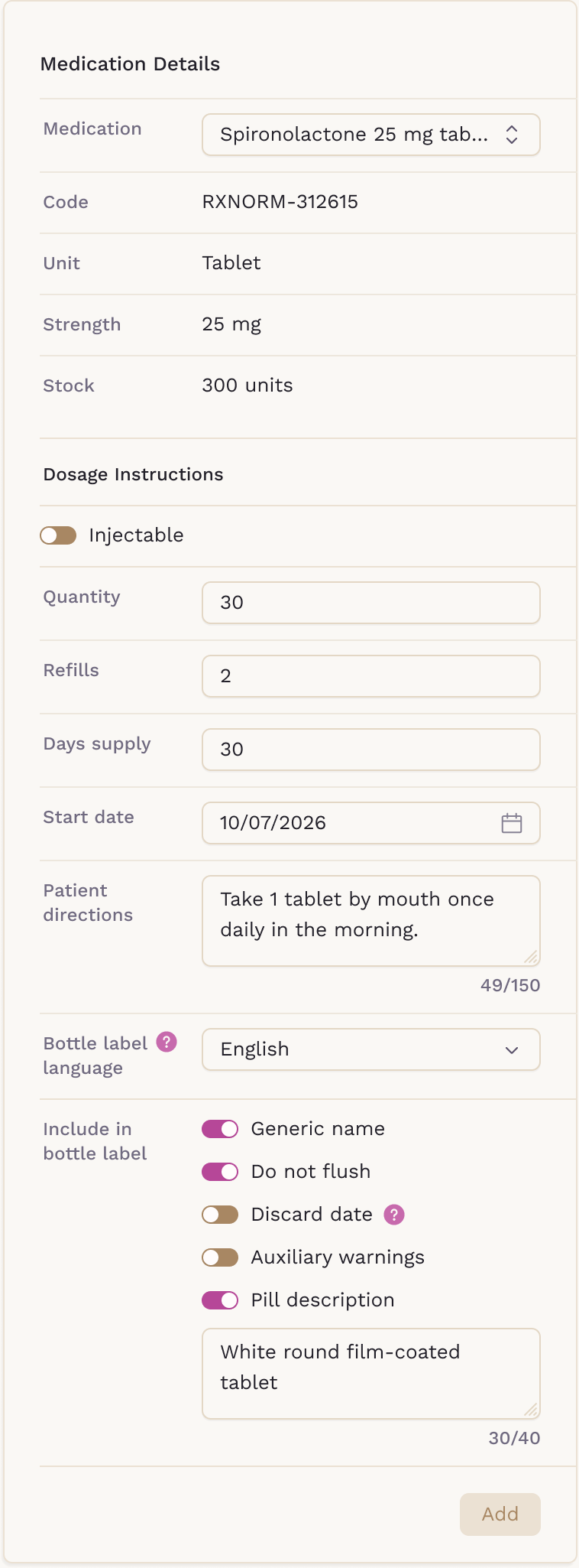 The Dispense Medication form with Bottle label language and Include in bottle label