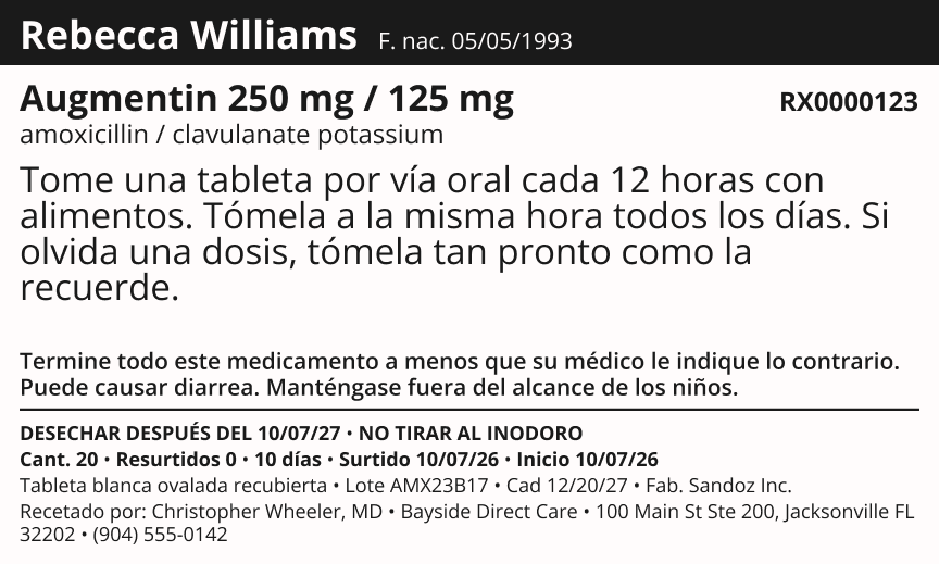 The same bottle label printed in Spanish, with directions typed in Spanish