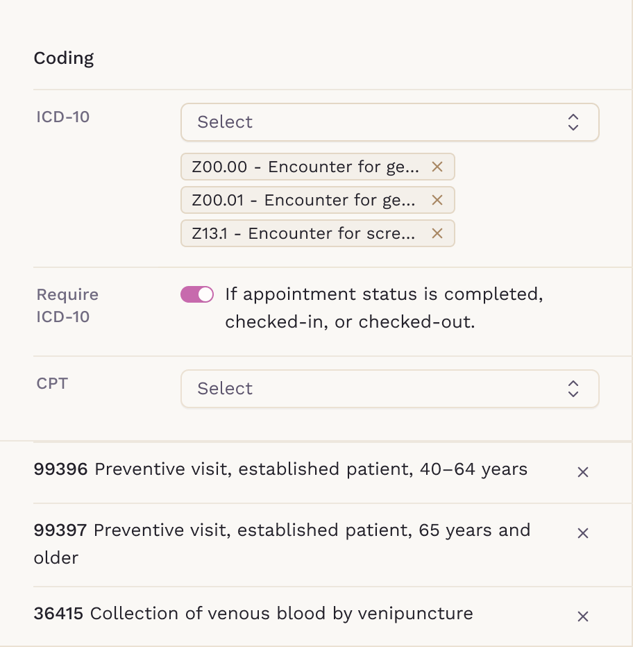 Coding section of an appointment type