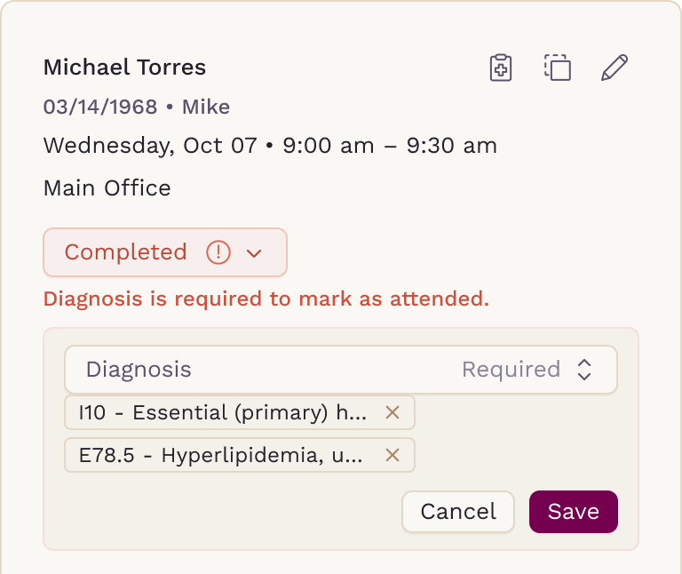 Diagnosis required when marking an appointment as completed