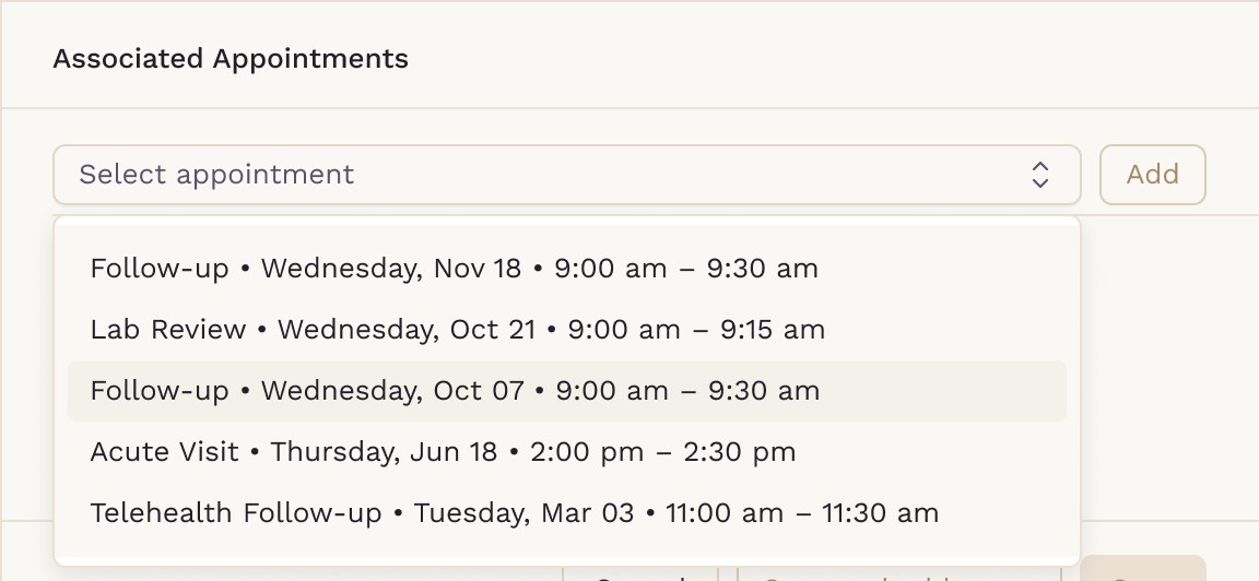 Select appointment list in Associated Appointments