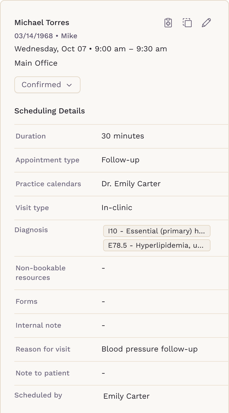 Appointment details showing the diagnosis