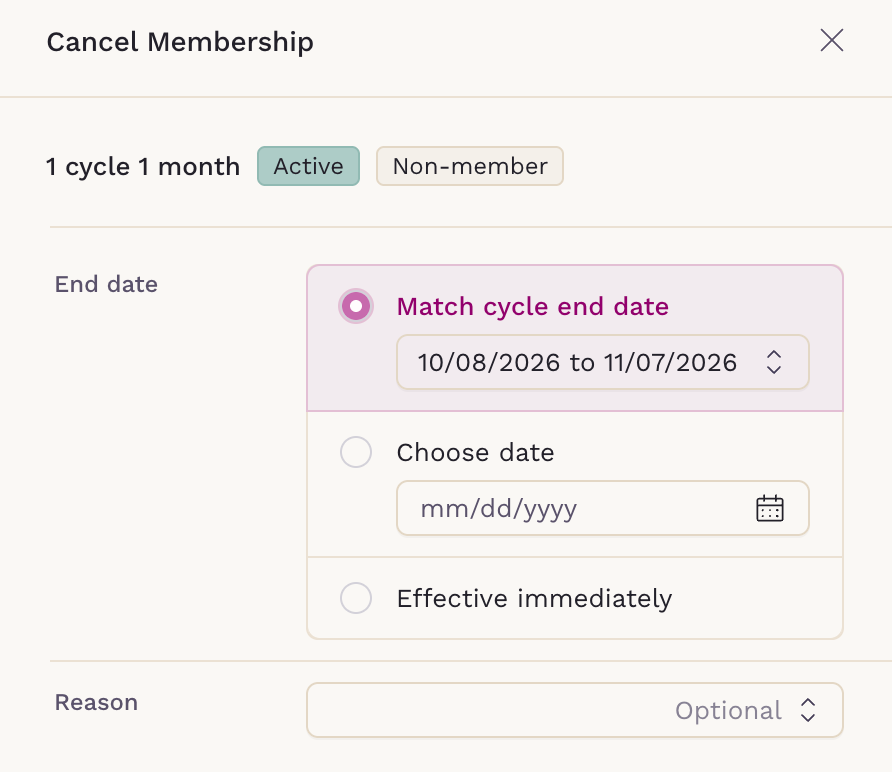 Cancel Membership panel