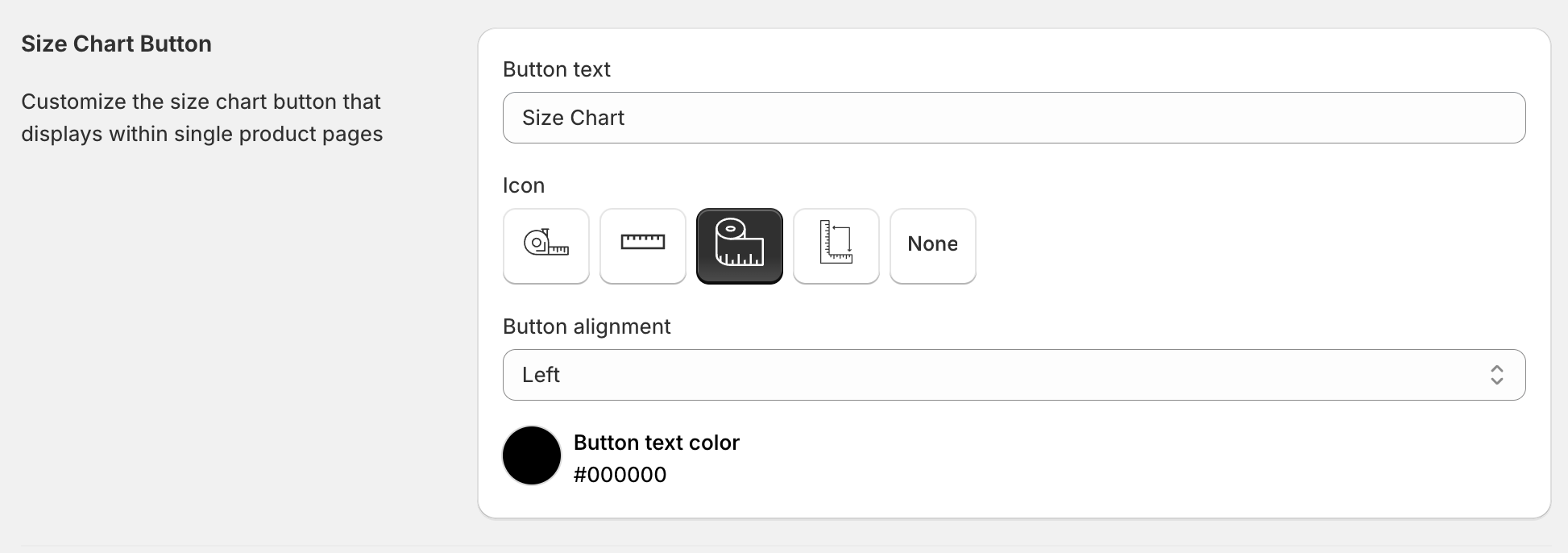 Size chart button settings