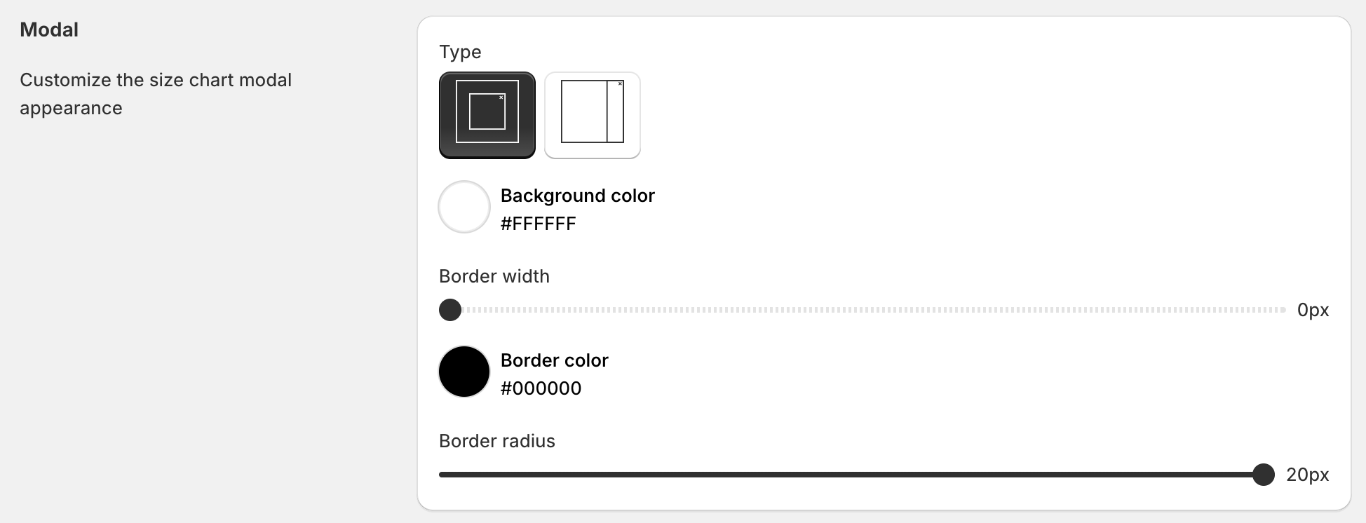 Size chart modal settings