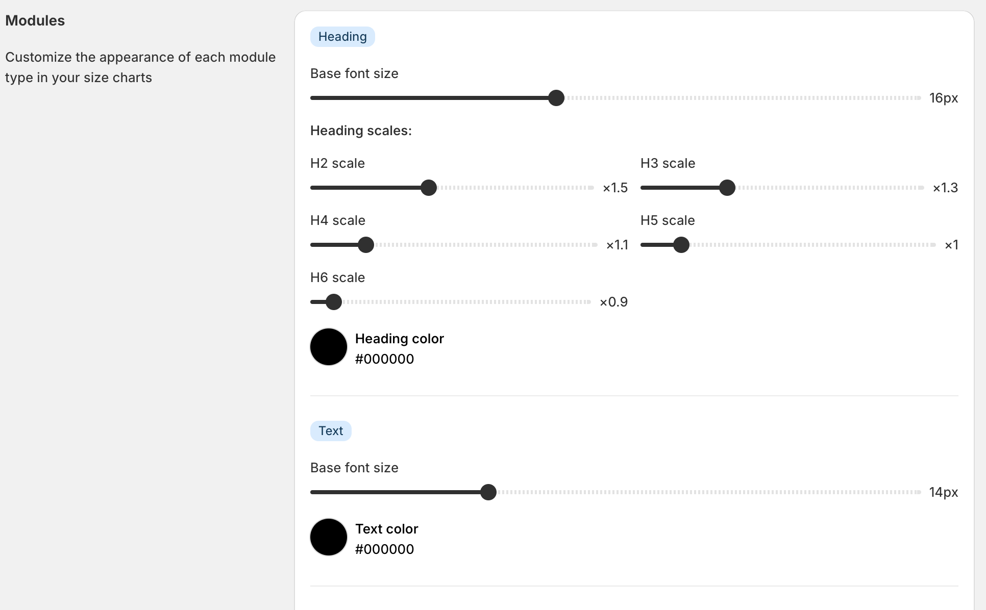 Size chart module settings