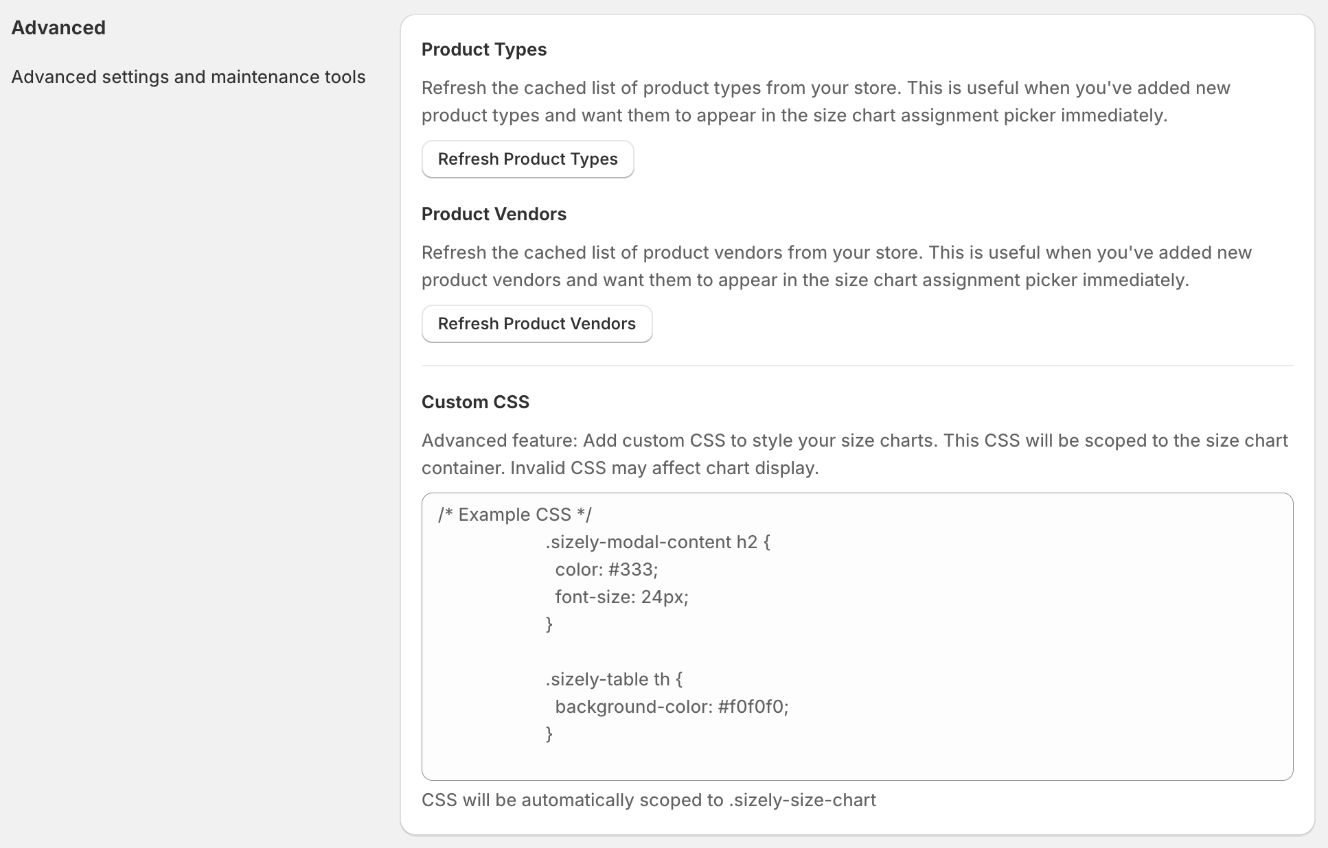 Size chart advanced settings