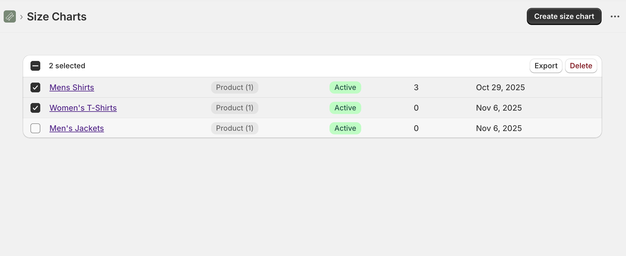 Select size charts for export