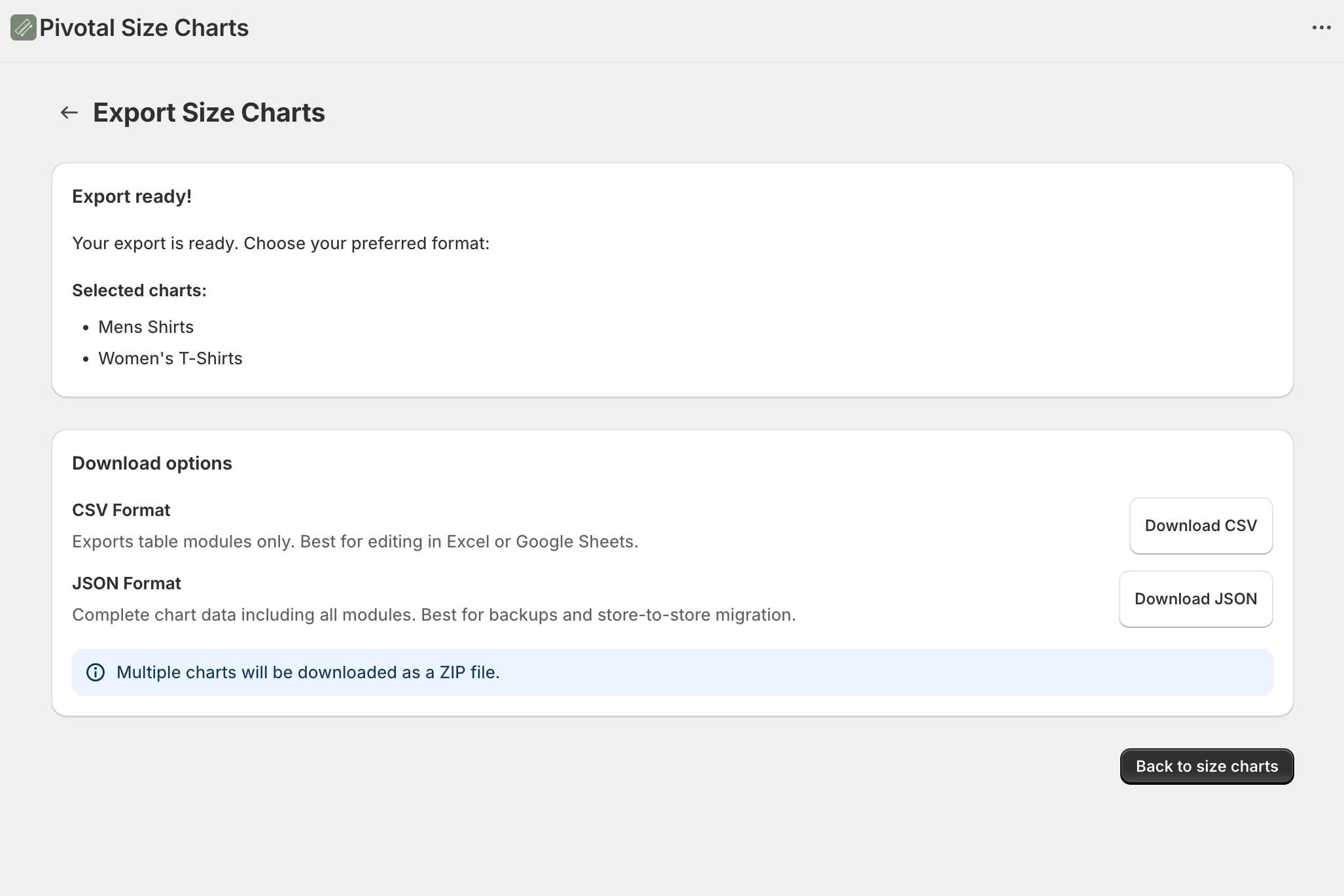 Select the export format to download