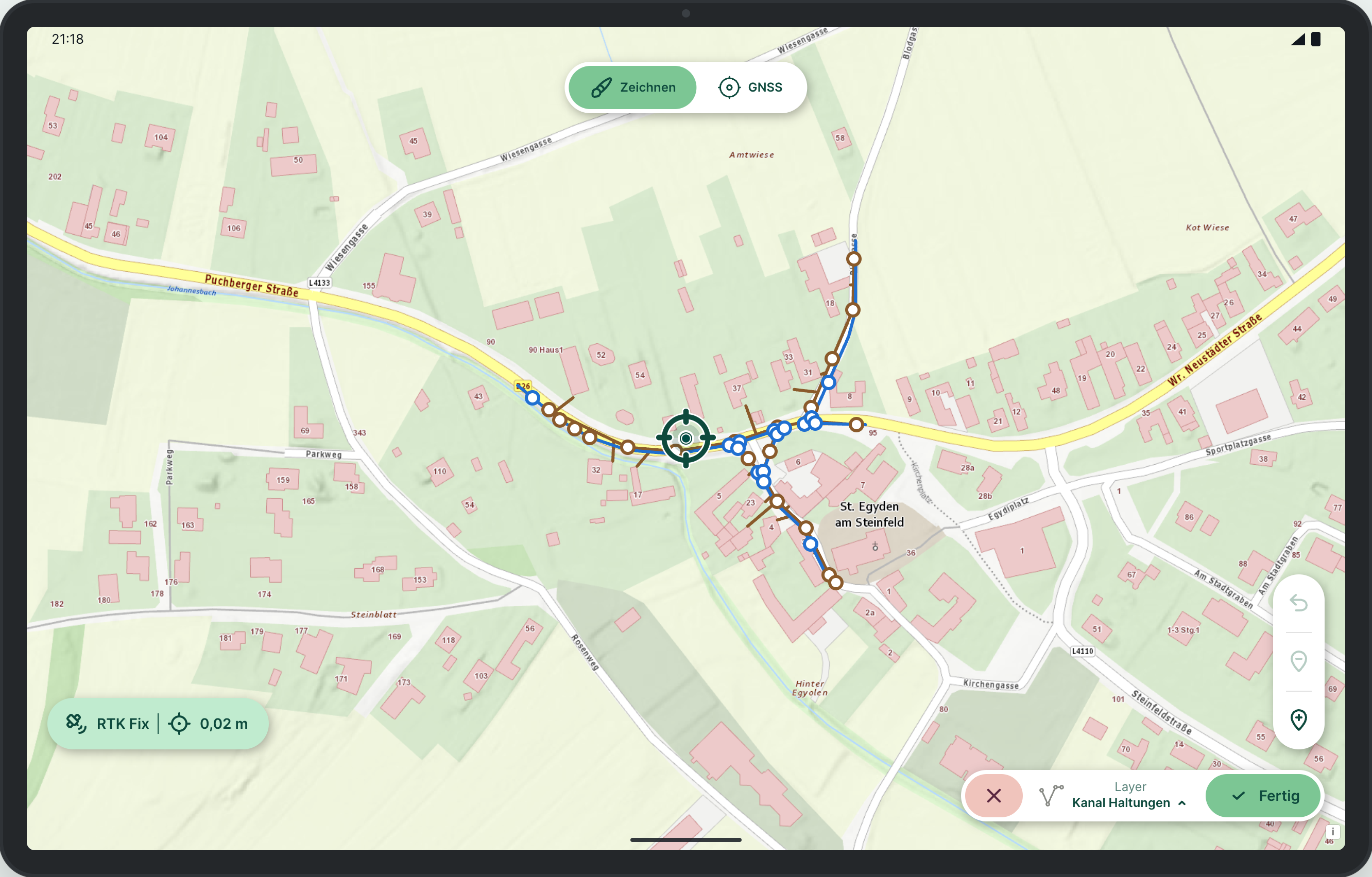 Umschalter Zeichnen/GNSS oben, Erfassungsleiste unten