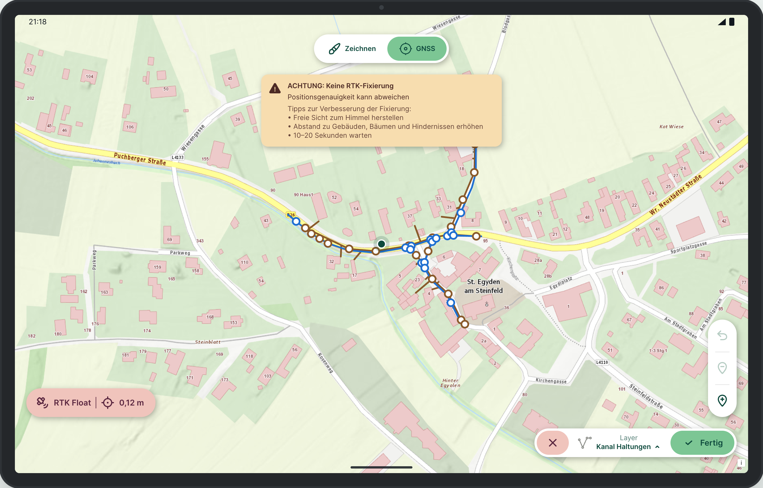 Warnkarte bei RTK Float im GNSS-Modus