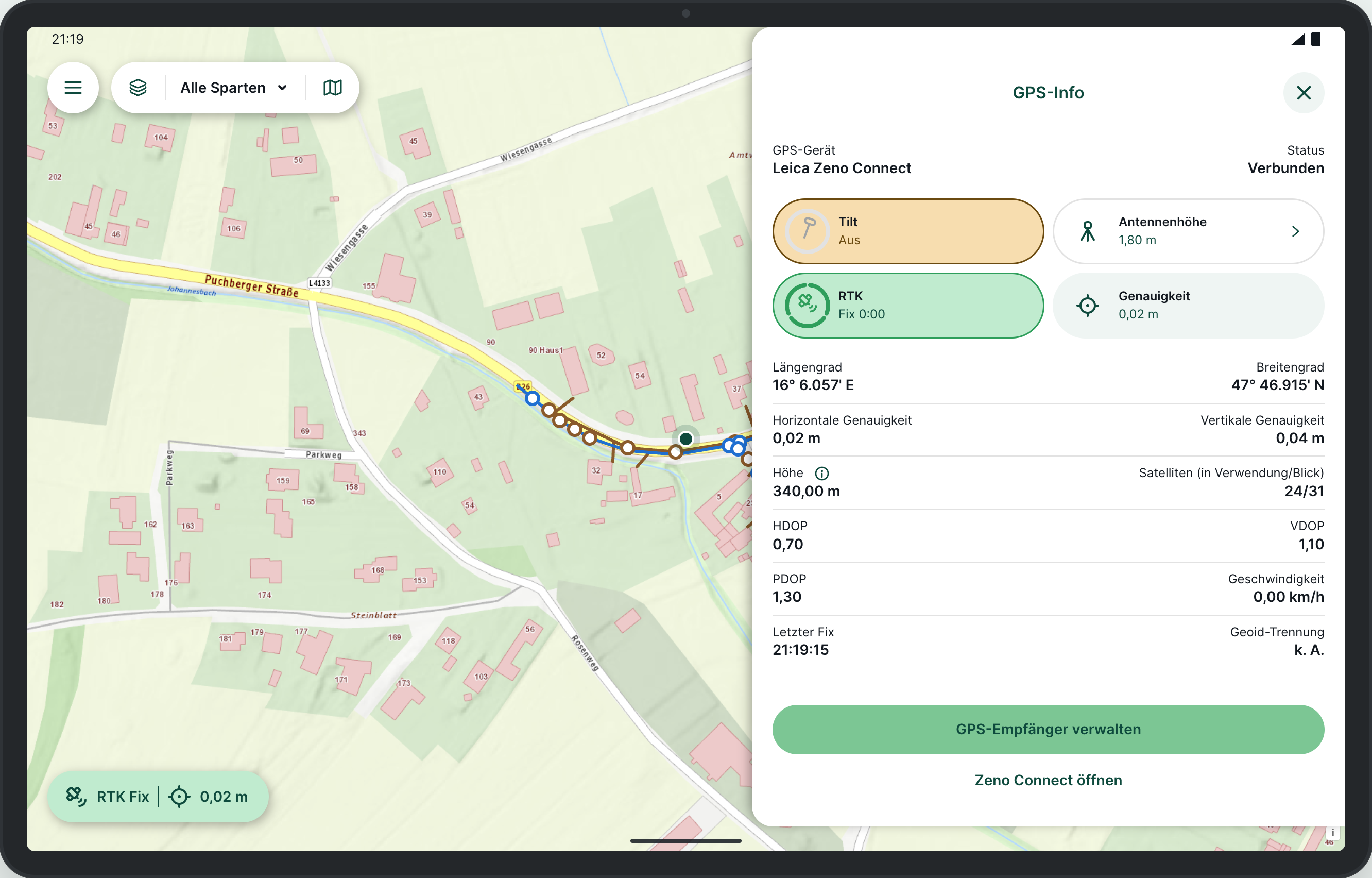 GPS-Info mit Zeno Connect: Tilt, Antennenhöhe, RTK und Genauigkeit