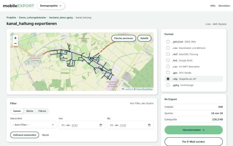 mobileEXPORT: Layer mit Kartenvorschau, Filter, Formatwahl und Export