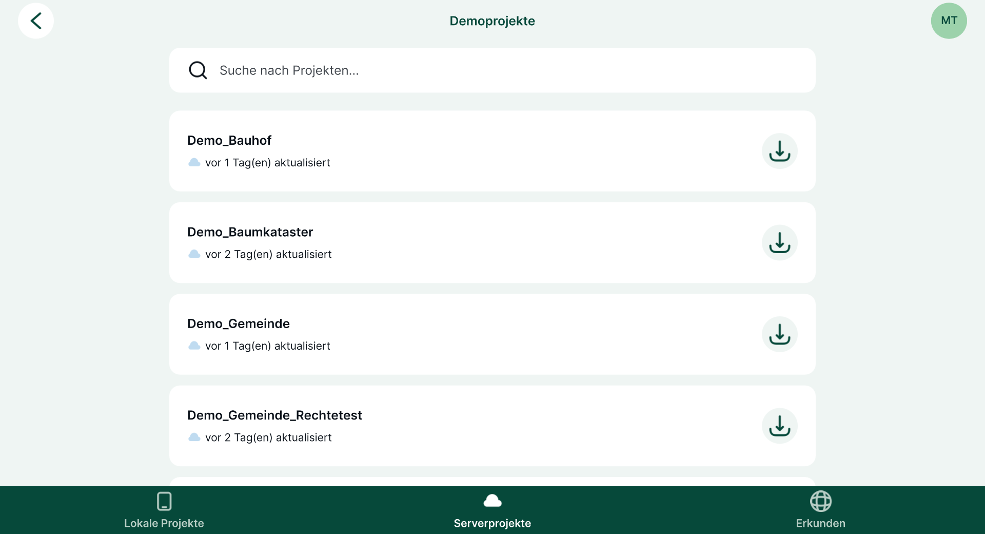 Serverprojekte mit Download-Knopf