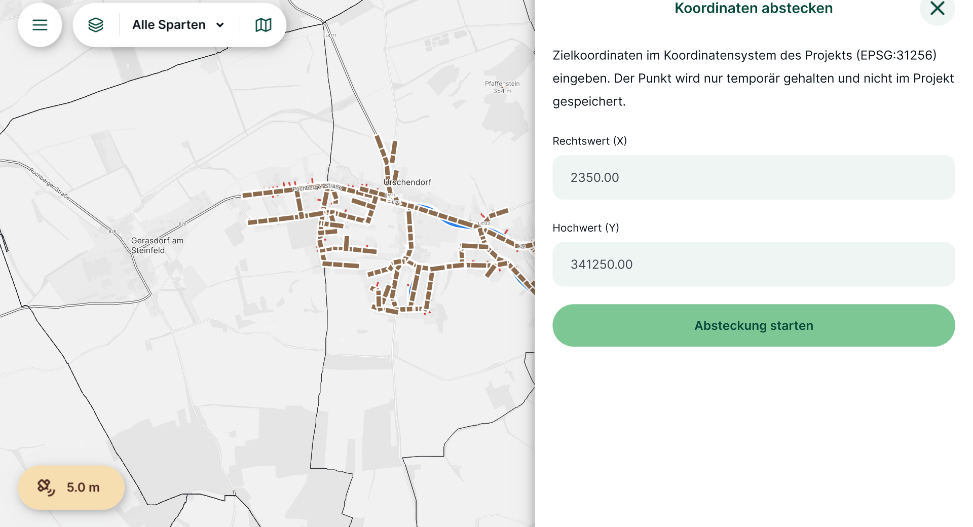 Koordinaten abstecken: Rechtswert und Hochwert im Projekt-Koordinatensystem