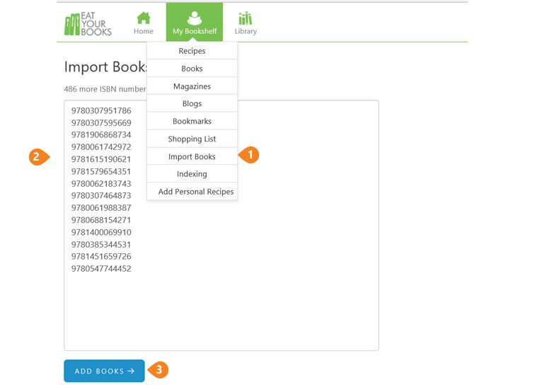 Import Books, under the My Bookshelf tab: paste or scan your ISBNs, then click Add Books.
