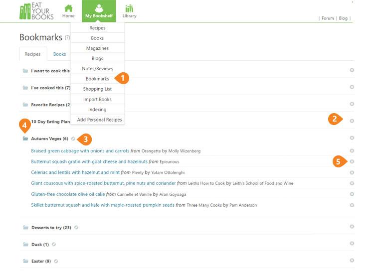 The Bookmarks tab: the pencil renames, the file icon lists what is tagged, and the x deletes.
