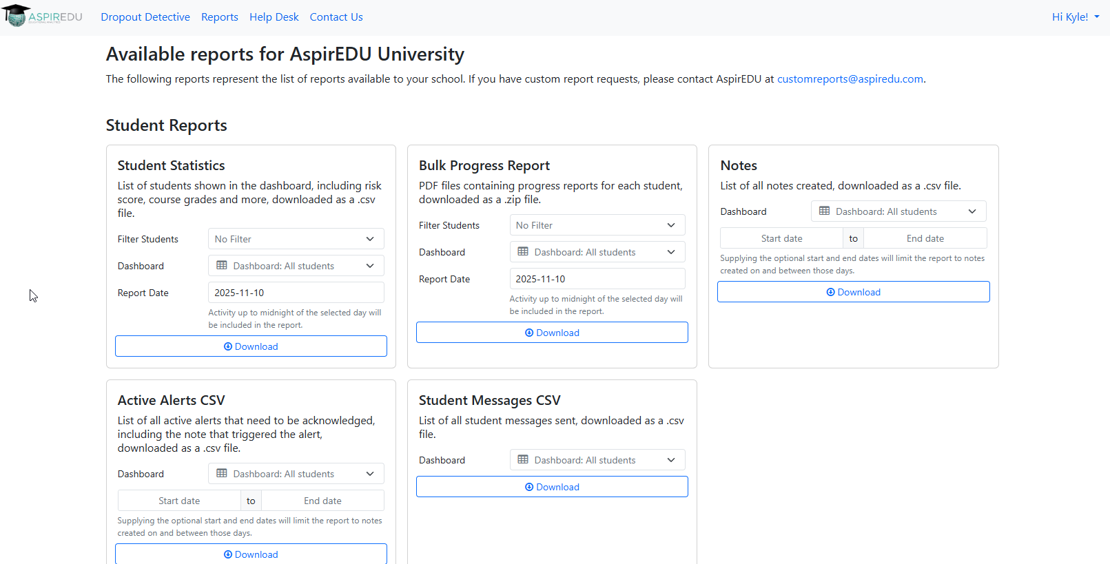 Reports page within Dropout Detective/Grade Guardian 