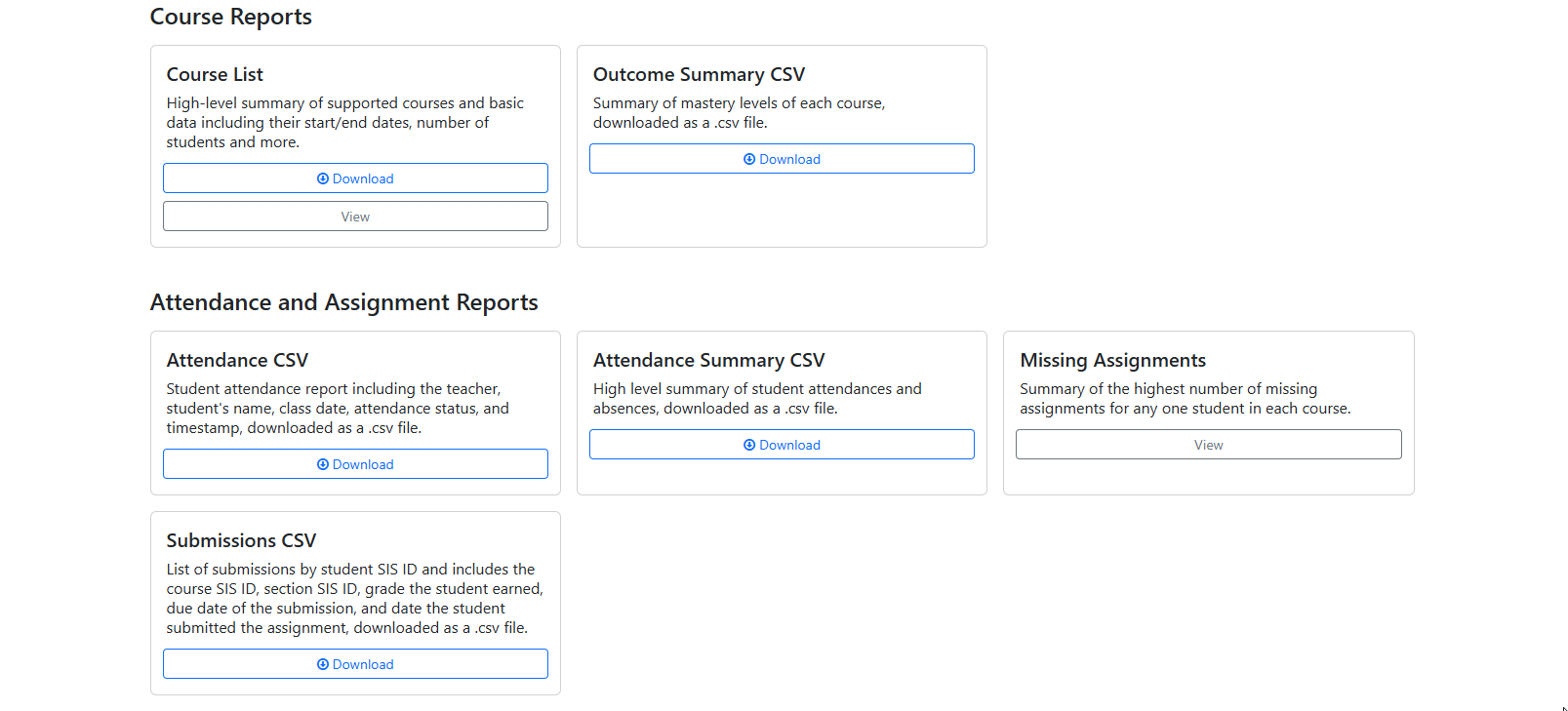Reports page in Dropout Detective/Grade Guardian Showing Course Reports and Attendance & Assignment Reports. 