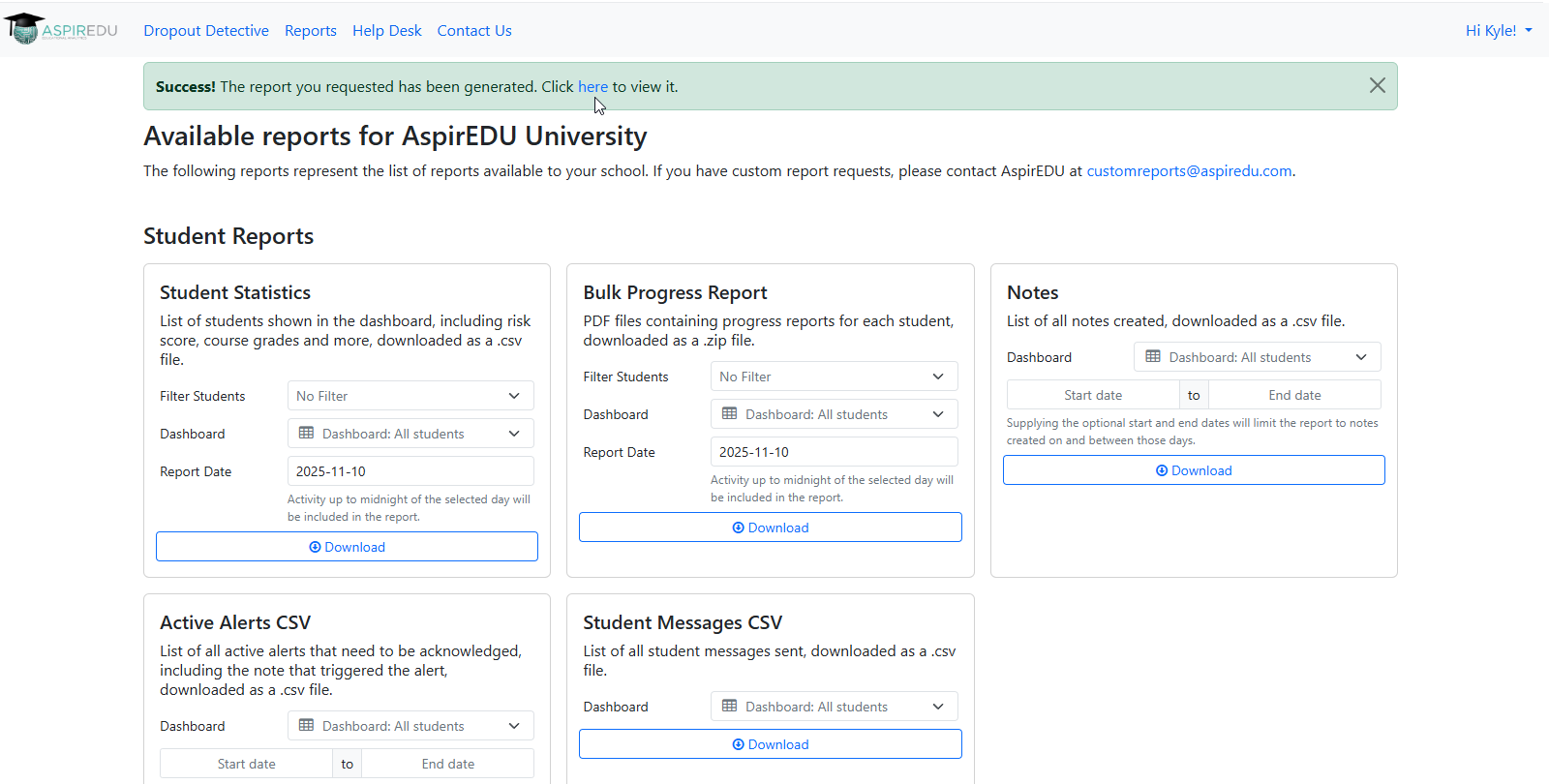 Reports page displaying the download link for a student attendance report in green.