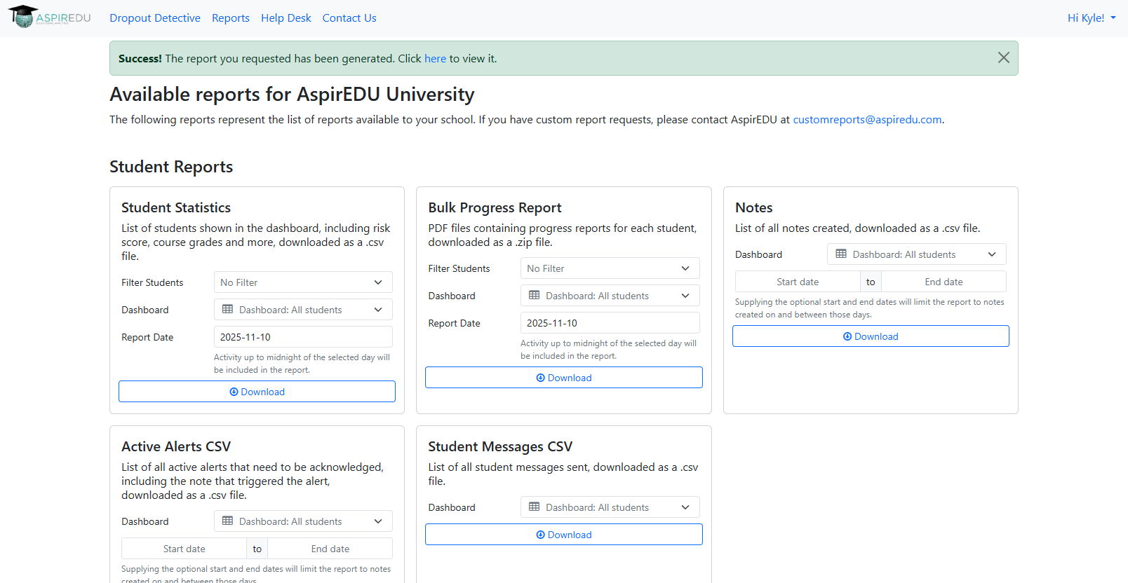 Reports page displaying the download link for a student attendance report