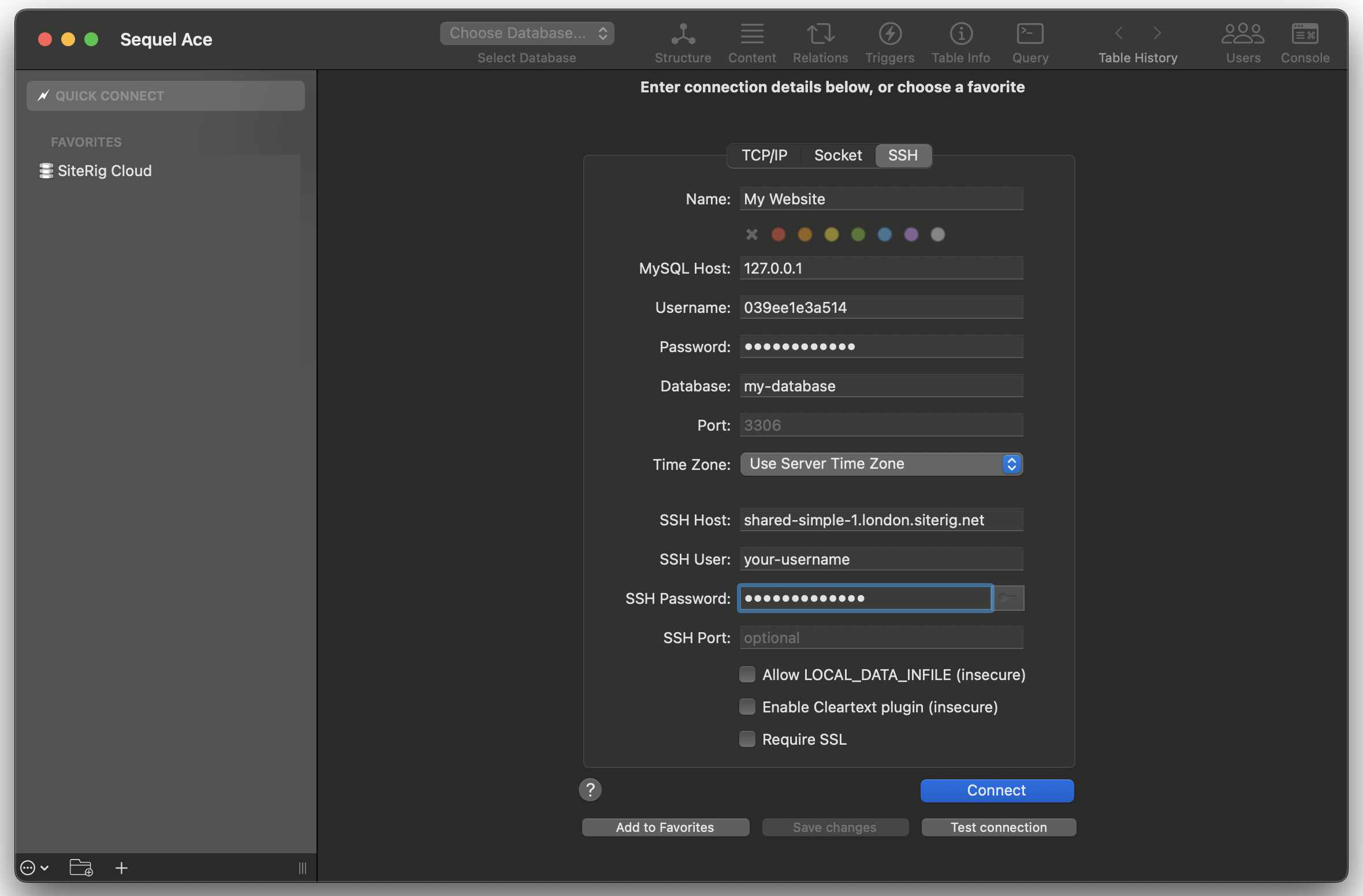 Sequel Ace app showing new connection window