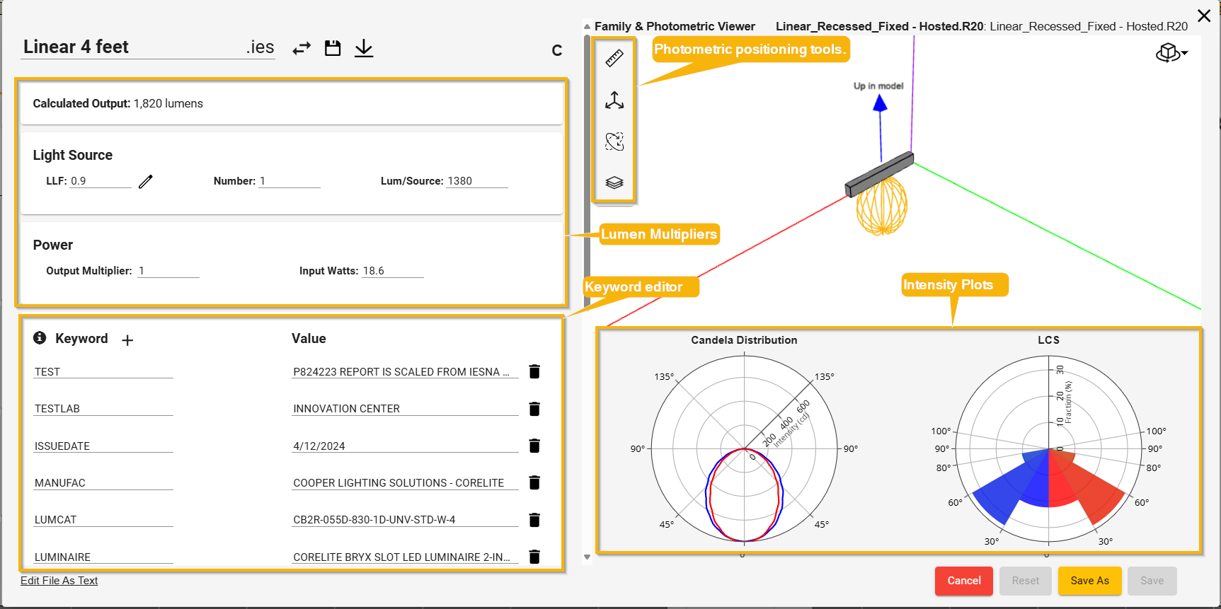 User-interface map showing the controls in the IES file editor.