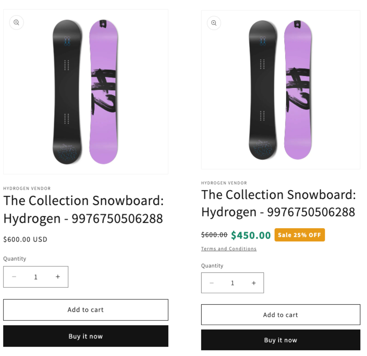 A side-by-side comparison: Shopify checkout screen showing an automatic discount vs. storefront with our app displaying the discount prominently.
