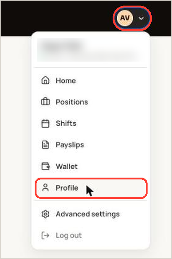 MyGig worker menu open from the initials in the top-right corner, with Profile highlighted