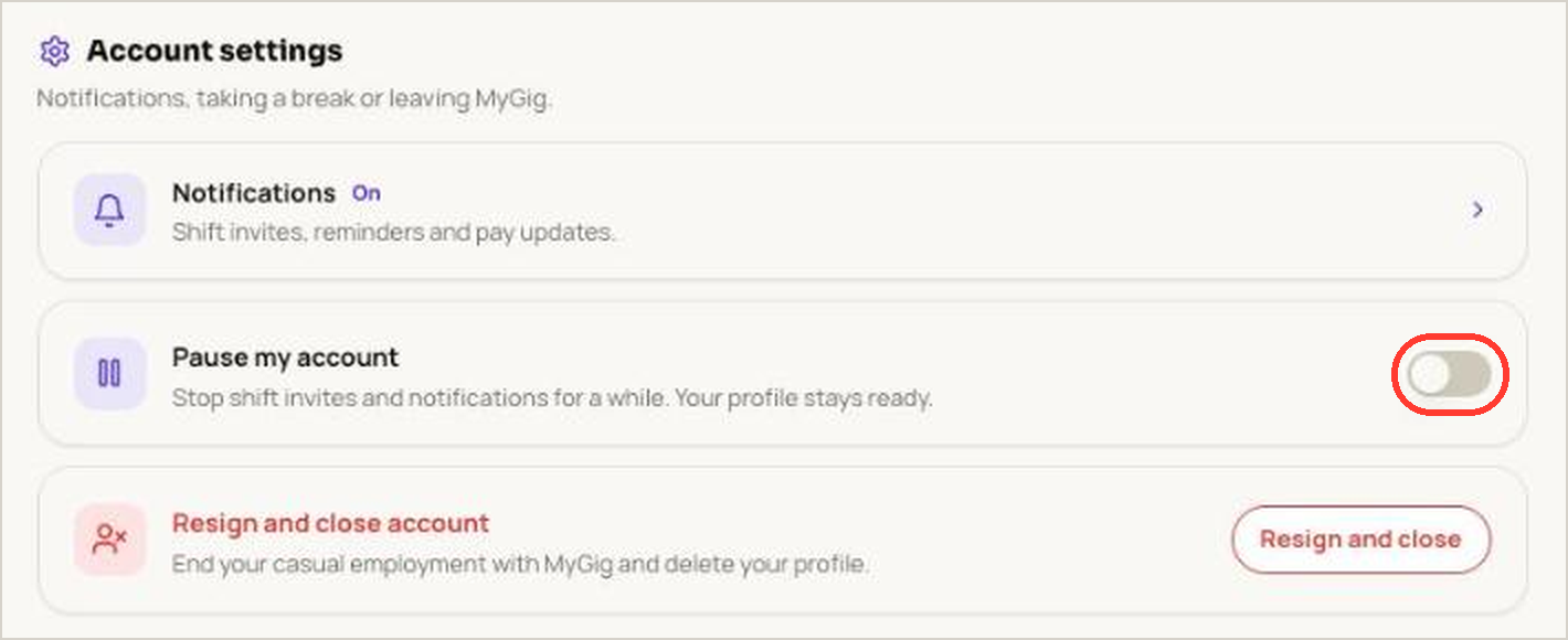 Account settings section of the worker profile, with the Pause my account switch highlighted and switched off
