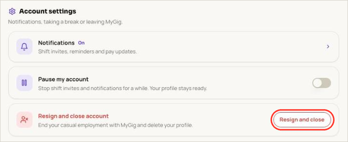 Account settings section of the worker profile, with the Resign and close button highlighted