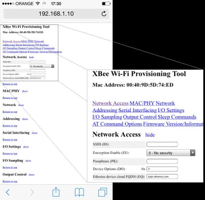 XBee Wi-Fi Provisioning Tool window with the Network Access section and SSID, Encryption Enable, and Passphrase fields