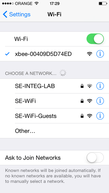 Phone Wi-Fi settings showing an xbee-00409D5D74ED network in the list