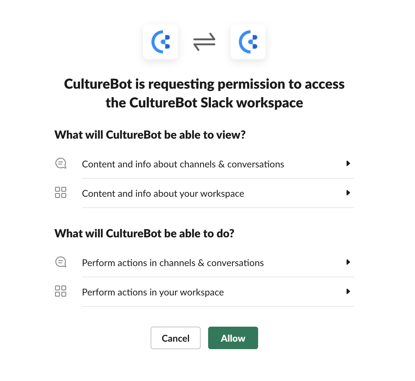 The Slack installation screen for the CultureBot Slack App.  CultureBot only requests the access it needs to deliver features like birthday celebrations, shoutouts, and engagement reminders. 