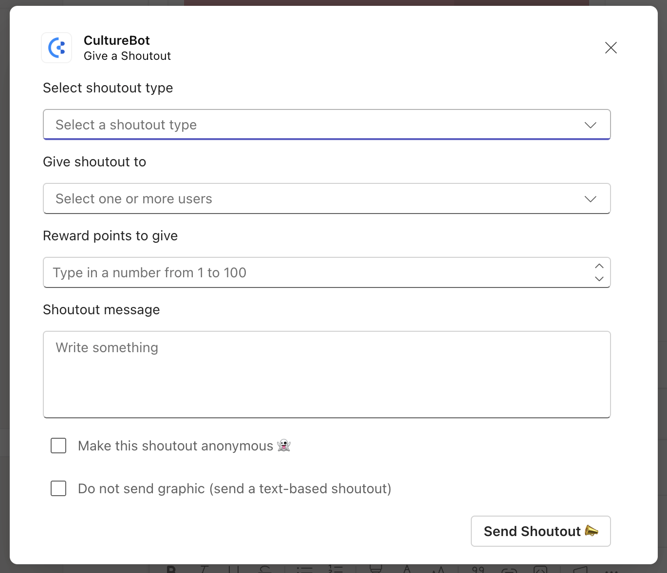 Teams modal to send shoutout to teammate