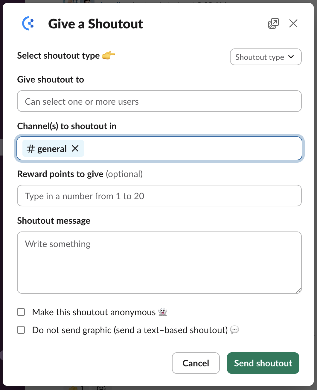 Slack modal screen to send praise or shoutout to teammate