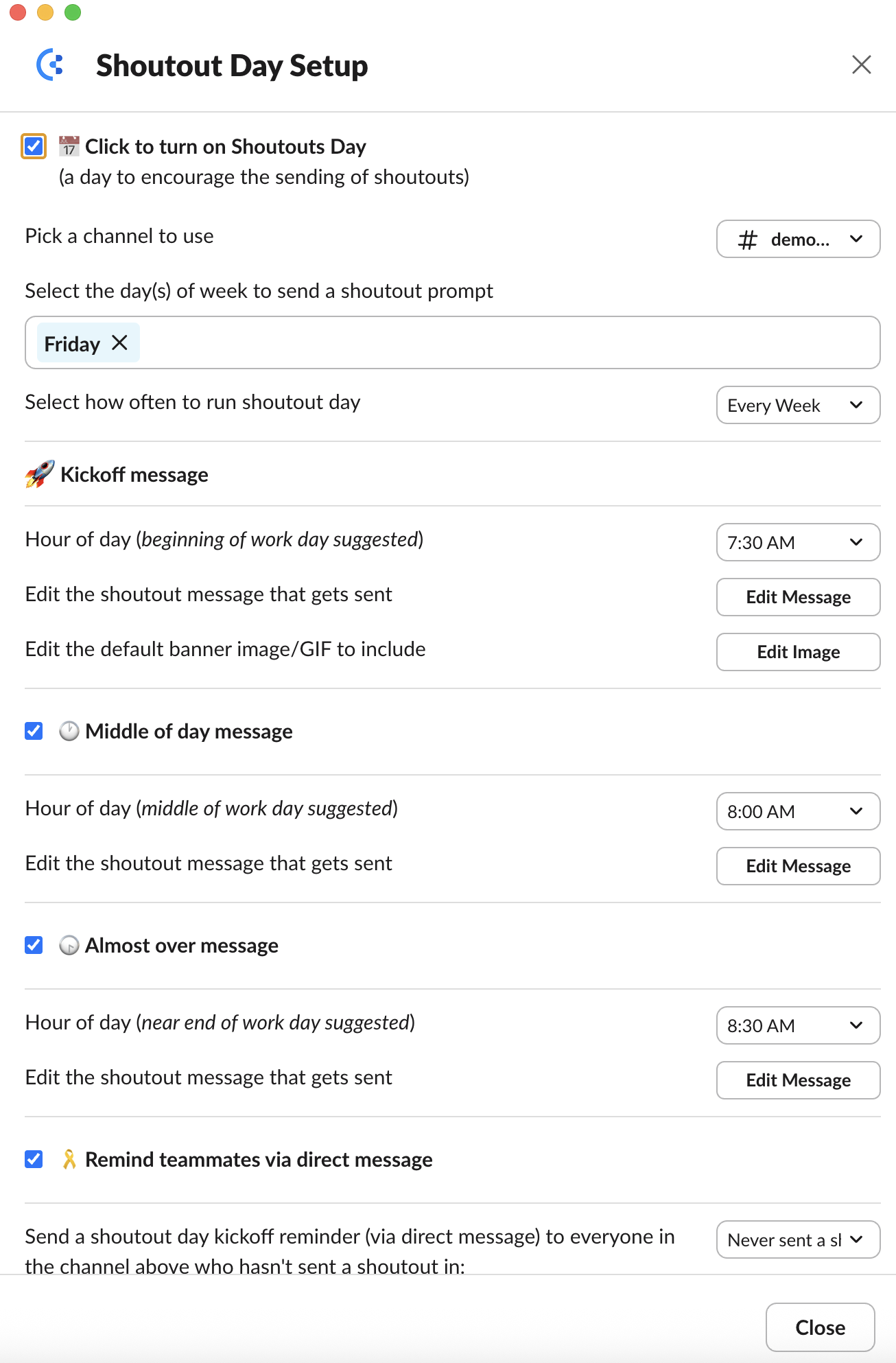 Set up screen in CultureBot to set up Shoutout Day Reminders in Slack