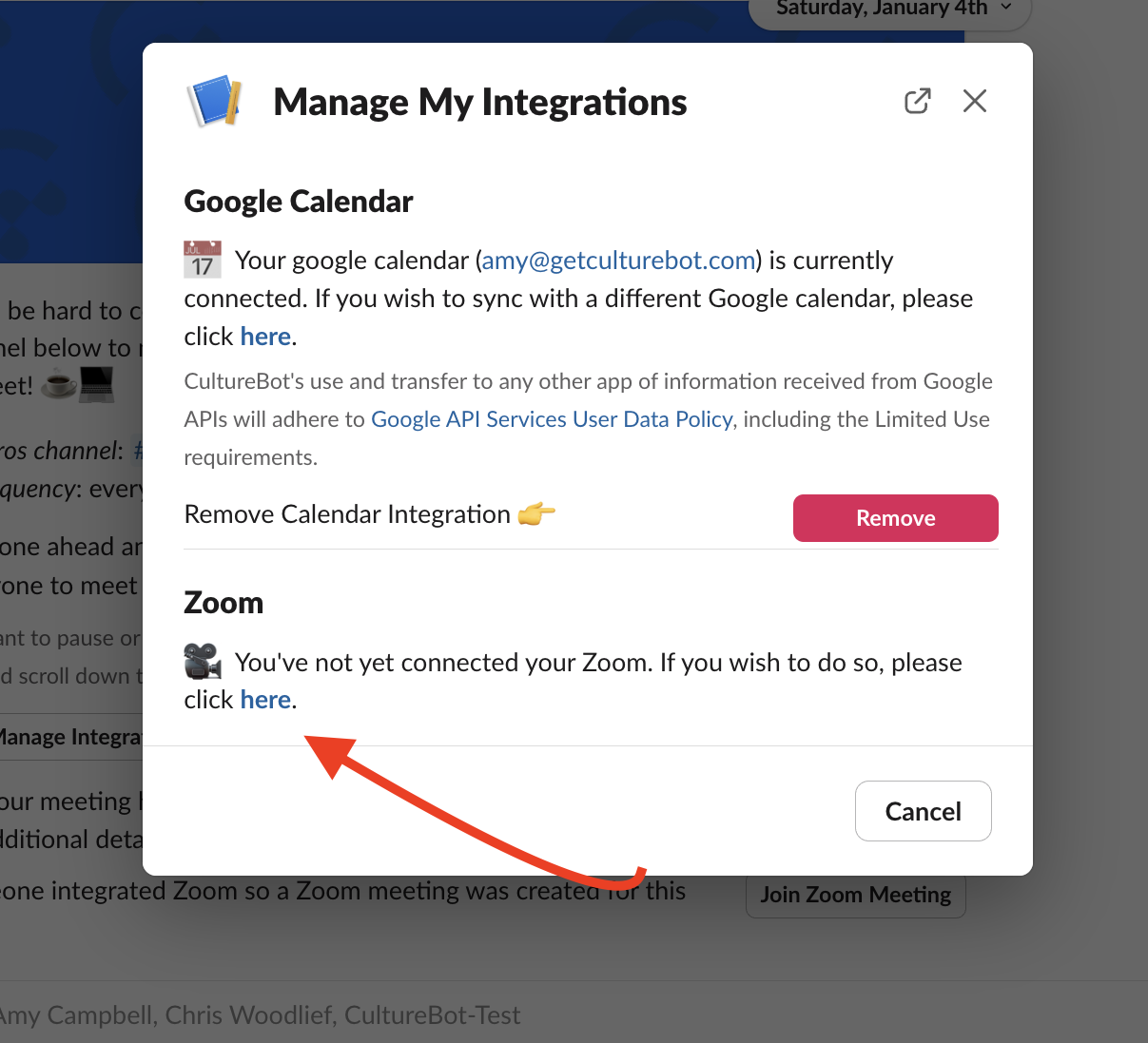 CultureBot zoom integration setup screen 3