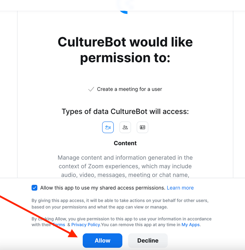 Culturebot zoom integration setup screen 4