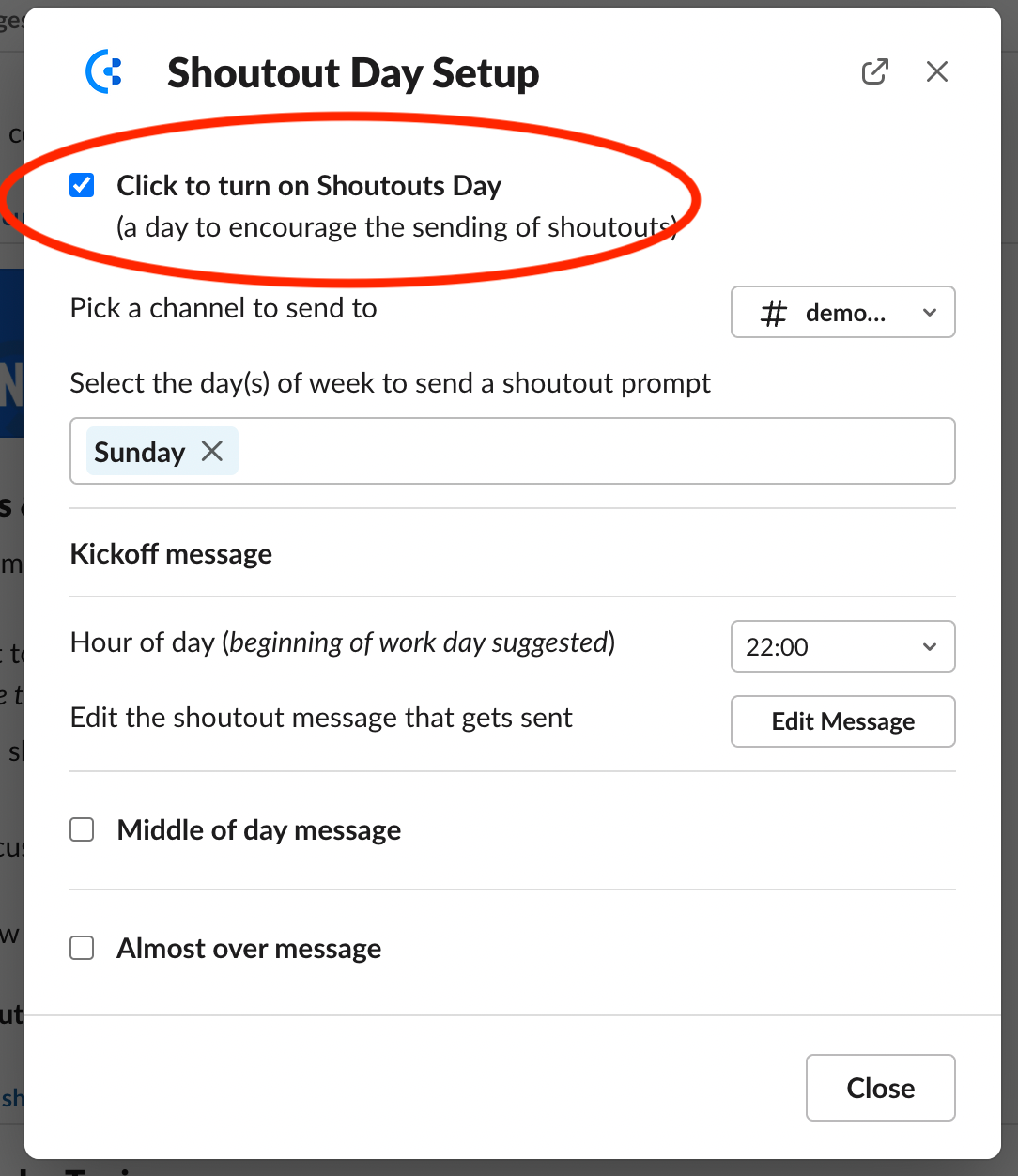 Set up Shoutouts Day in CultureBot