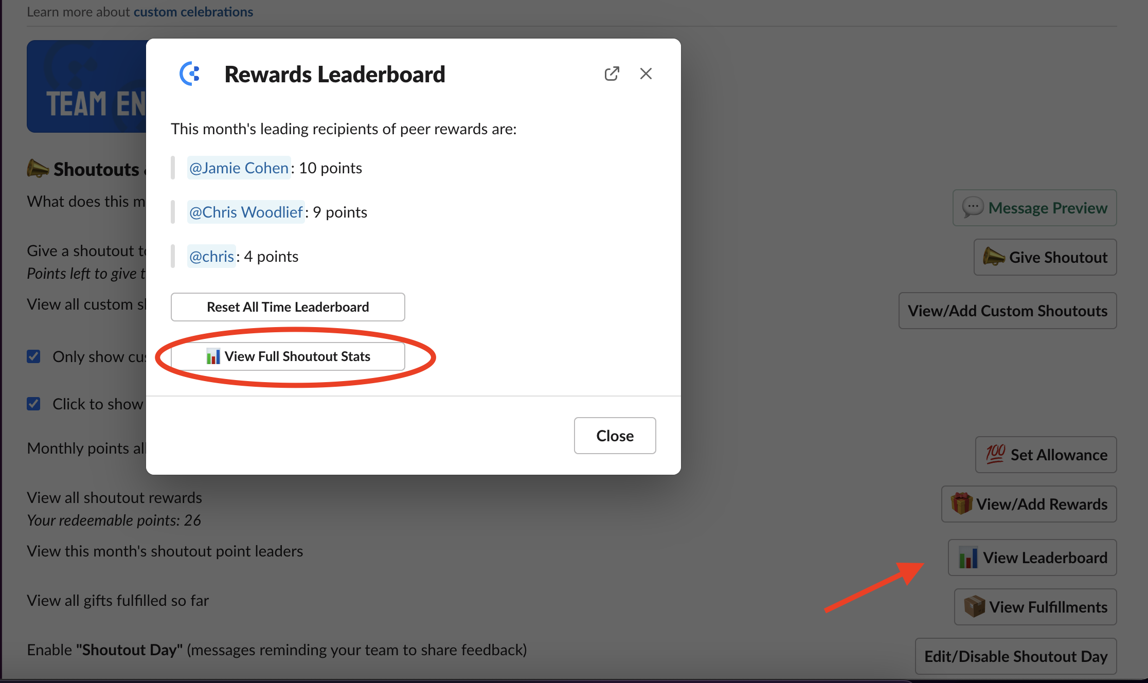 Screenshot of CultureBot showing Shoutouts Leaderboard for a company