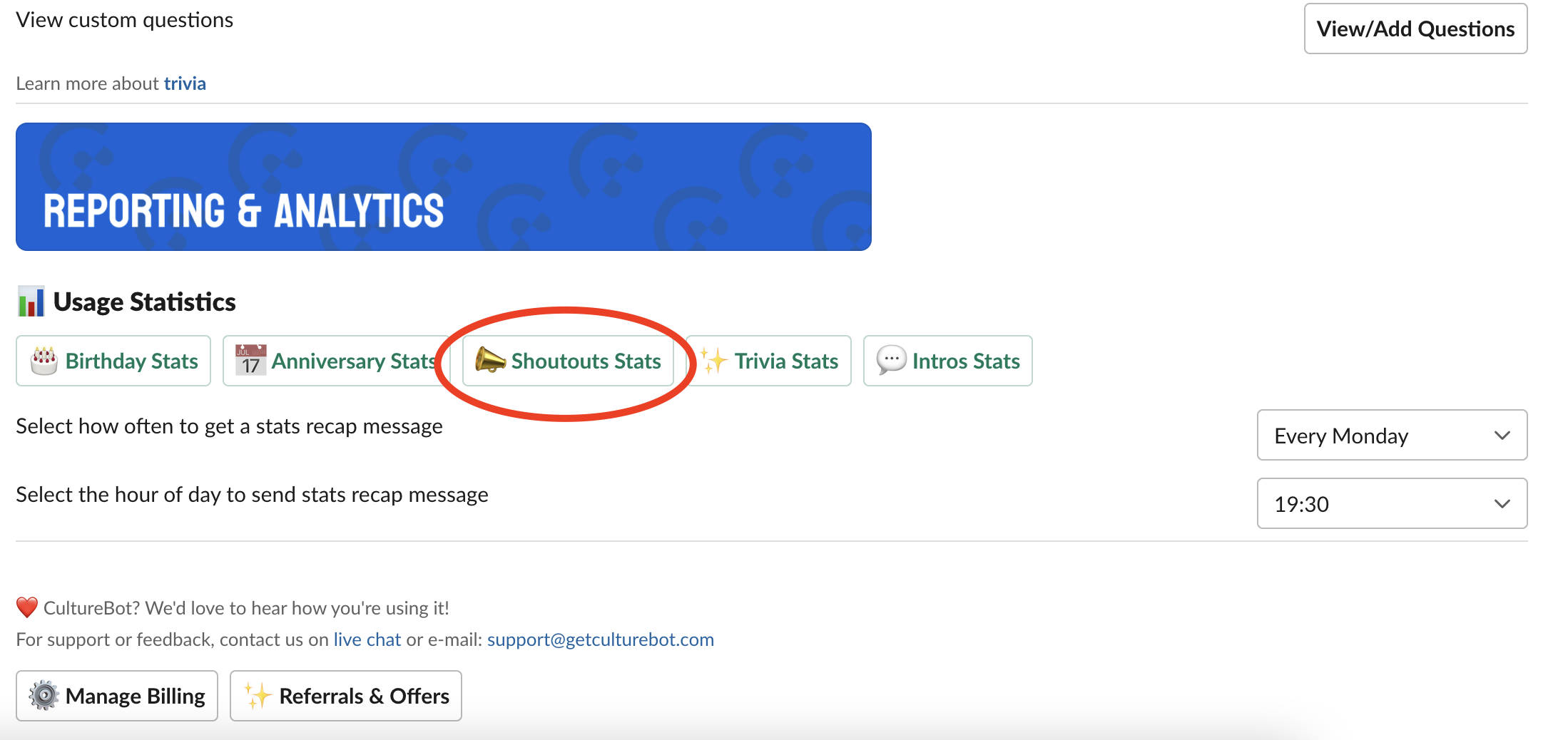 CultureBot Screenshot showing how to access Shoutouts/Kudos stats
