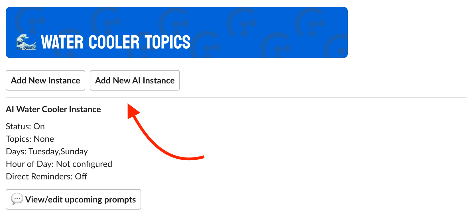 Drive Water Cooler Topics in Slack with AI, Screenshot Shows Step by Step, Step 1