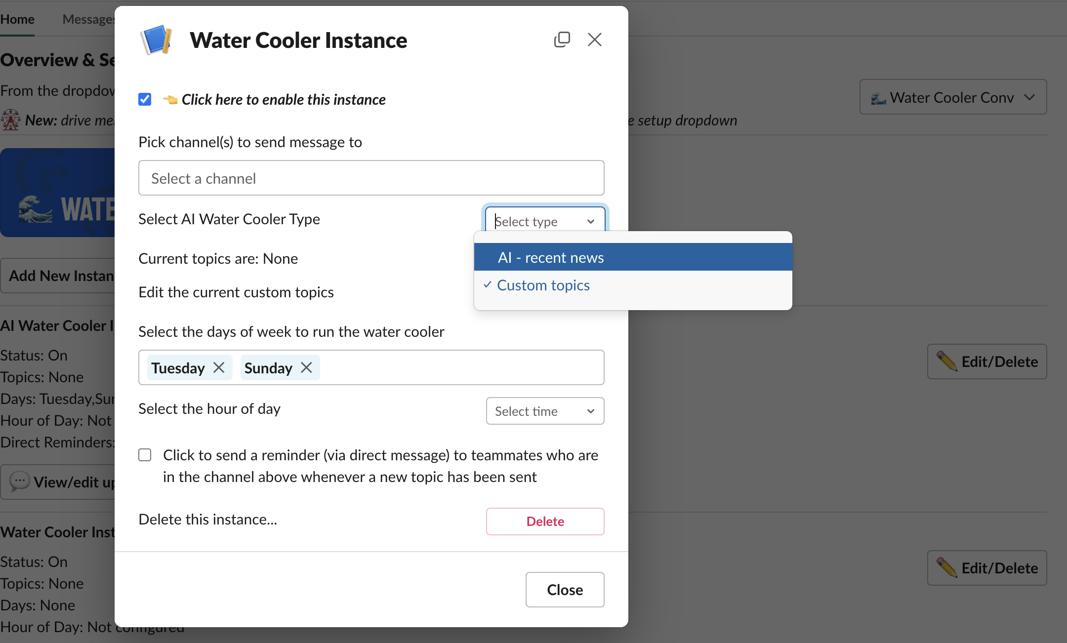 Drive Water Cooler Topics in Slack with AI, Screenshot Shows Step by Step, Step 2