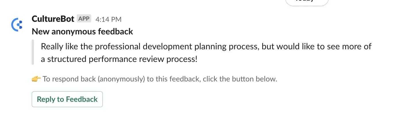 An example of what it looks like when you (the CultureBot admin) get notified on new feedback.