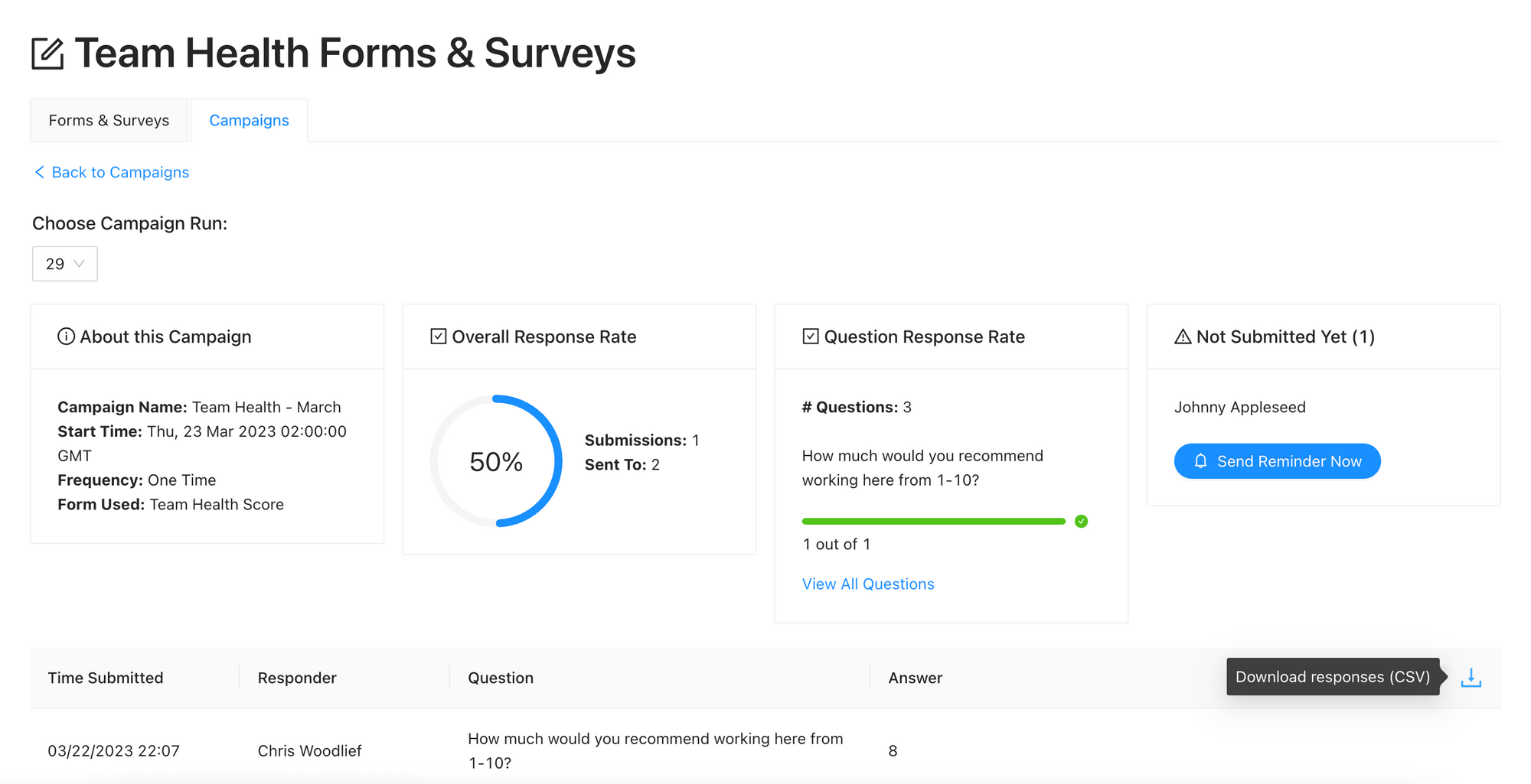 A view of the survey results dashboard inside the CultureBot web portal. 