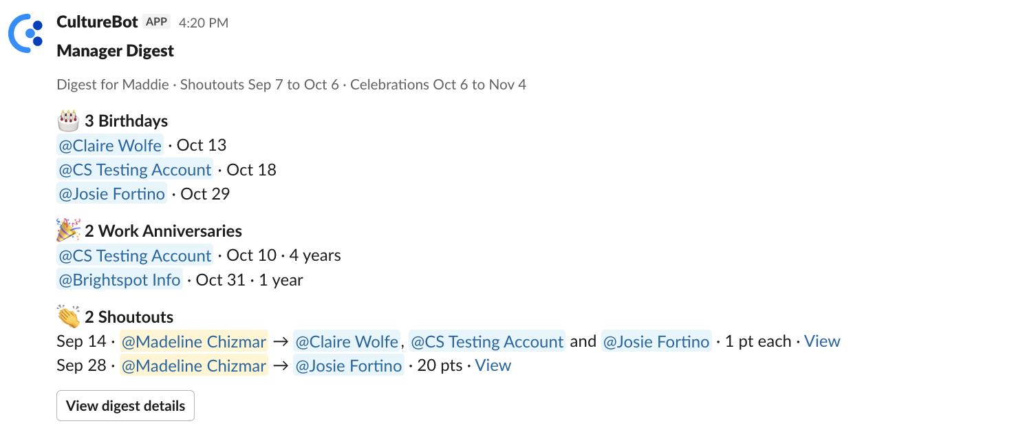 A Manager Digest direct message in Slack listing upcoming birthdays, work anniversaries, and recent shoutouts for a manager's team, with a View digest details button