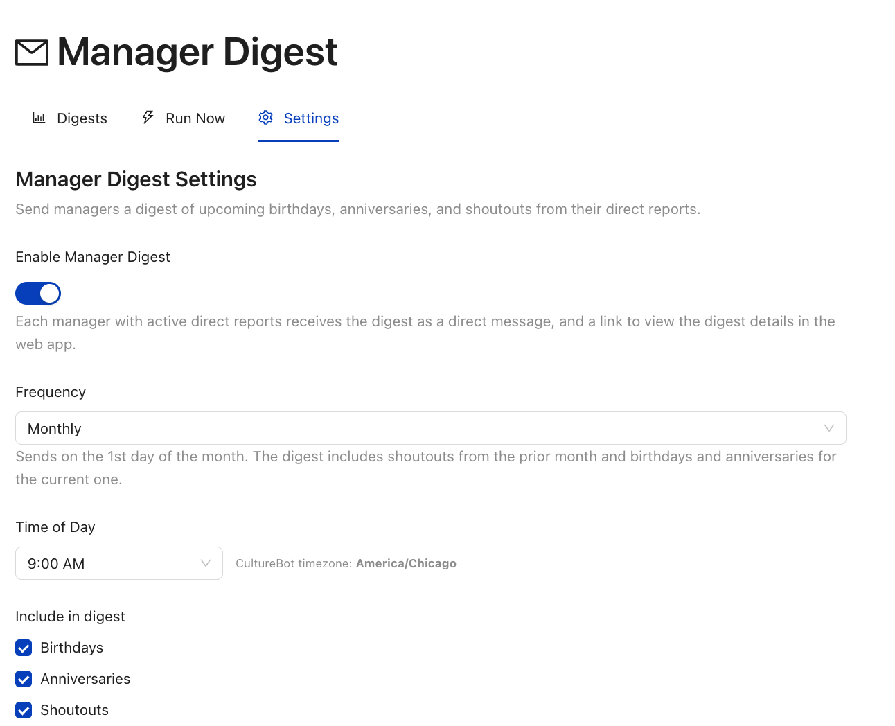 The Manager Digest Settings tab with Enable Manager Digest switched on, Frequency set to Monthly, Time of Day set to 9:00 AM, and Birthdays, Anniversaries, and Shoutouts checked